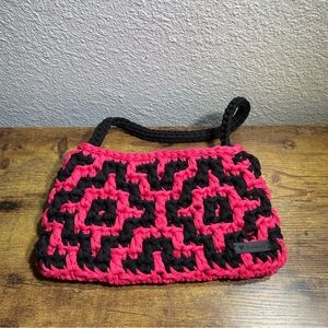 Handmade Pink and Black Geometric Pattern Woven Purse